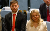 Yair Netanyahu (left) and Sara Netanyahu listen to Prime Minister Benjamin Netanyahu deliver a speech at the 80th session of The United Nations General Assembly (UNGA) on September 26, 2025, in New York City. (Alexi J. Rosenfeld/Getty Images/AFP)