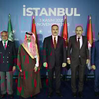 (From left) Officials from Qatar, Pakistan, Saudi Arabia, Turkey, Jordan, Indonesia and the United Arab Emirates pose for a photo during a meeting to discuss the US-backed Gaza peace plan in Istanbul on November 3, 2025. (Ozan KOSE / AFP)