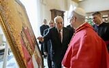 This photo taken and handout on November 6, 2025 by The Vatican Media shows Pope Leo XIV during a meeting with Palestinian President Mahmud Abbas in The Vatican. (Photo by Handout / VATICAN MEDIA / AFP)