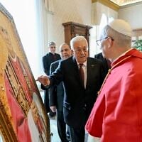 This photo taken and handout on November 6, 2025 by The Vatican Media shows Pope Leo XIV during a meeting with Palestinian President Mahmud Abbas in The Vatican. (Photo by Handout / VATICAN MEDIA / AFP)