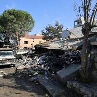 Workers remove the rubble from the a site targeted overnight by an Israeli airstrike in the southern Lebanese village of Et Taybeh on November 7, 2025.  (Photo by Rabih DAHER / AFP)