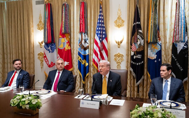 US President Donald Trump, alongside Secretary of State Marco Rubio (right) and Vice President JD Vance (left), speaks during a meeting with Hungarian Prime Minister Viktor Orban (second from left) in the Cabinet Room of the White House in Washington, DC, on November 7, 2025. (SAUL LOEB / AFP)