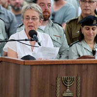 Leah Goldin, the mother of Lt. Hadar Goldin, who was killed in 2014 in Gaza, speaks at his funeral in a military cemetery in Kfar Saba on November 11, 2025. (Abir SULTAN / POOL / AFP)