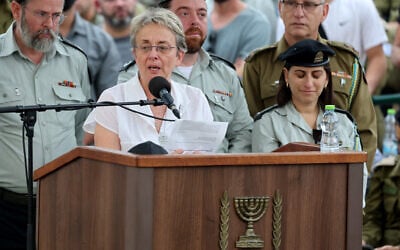Leah Goldin, the mother of Lt. Hadar Goldin, who was killed in 2014 in Gaza, speaks at his funeral in a military cemetery in Kfar Saba on November 11, 2025. (Abir SULTAN / POOL / AFP) Leah Goldin, the mother of Lt. Hadar Goldin, who was killed in 2014 in Gaza, speaks at his funeral in a military cemetery in Kfar Saba on November 11, 2025. (Abir SULTAN / POOL / AFP)
