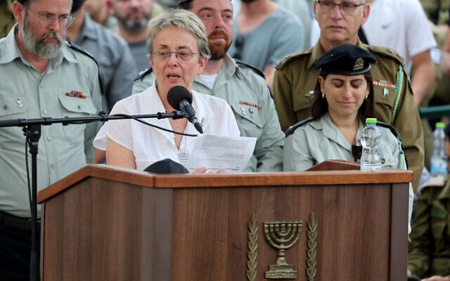 Leah Goldin, the mother of Lt. Hadar Goldin, who was killed in 2014 in Gaza, speaks at his funeral in a military cemetery in Kfar Saba on November 11, 2025. (Abir SULTAN / POOL / AFP)