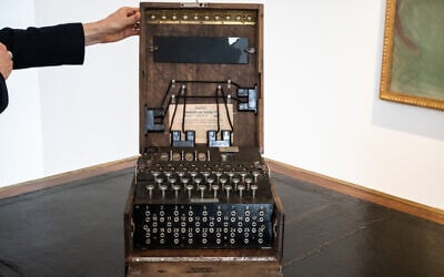 An Enigma M4 rotor key machine used for encrypted communication during World War II, ahead of its auction exhibited at the Christie's auction house in Paris, France, on November 13, 2025. (BERTRAND GUAY / AFP)