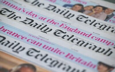 The masthead of British newspaper The Telegraph, November 14, 2025. (Richard A. Brooks / AFP)