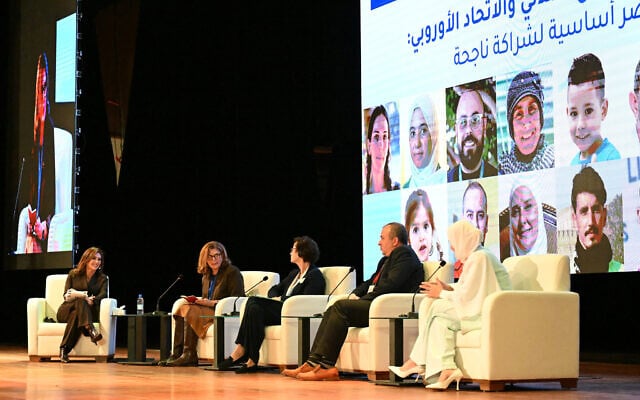 A panel interacts during a day of dialogue with Syrian civil society, the Syrian government and the European Union, at Conference Palace near Damascus, Syria, on November 15, 2025. (LOUAI BESHARA / AFP) A panel interacts during a day of dialogue with Syrian civil society, the Syrian government and the European Union, at Conference Palace near Damascus, Syria, on November 15, 2025. (LOUAI BESHARA / AFP)