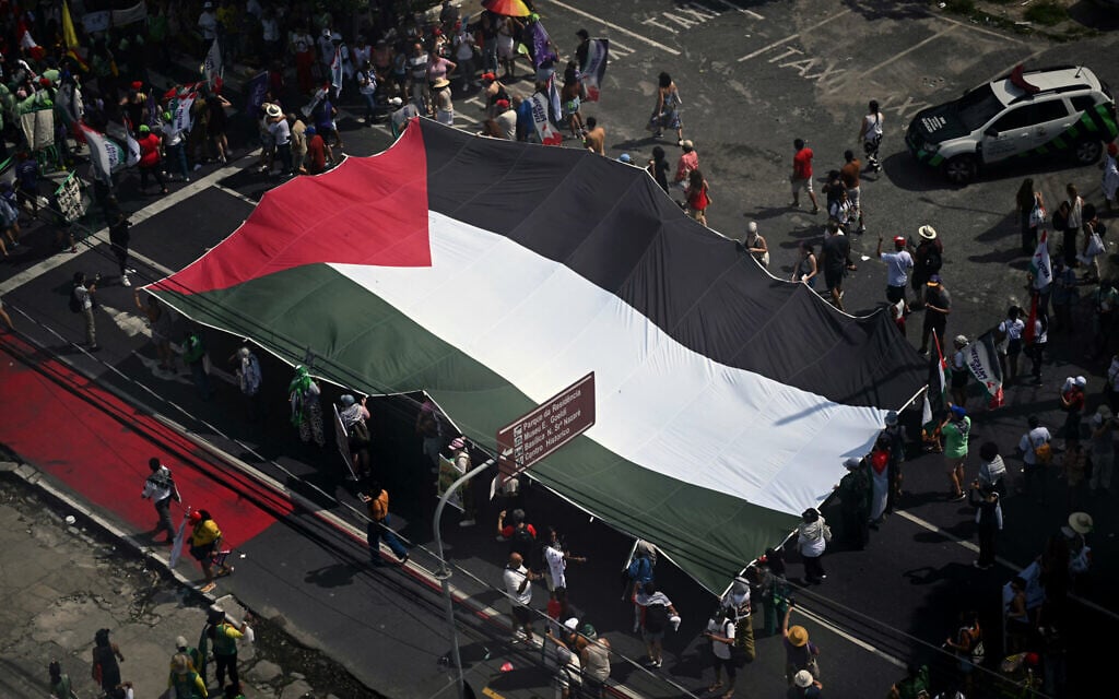 Activists carry a huge Palestinian flag during the so-called "Great People's March" in the sidelines of the COP30 UN Climate Change Conference in Belem, Para State, Brazil, on November 15, 2025. (Mauro PIMENTEL / AFP)