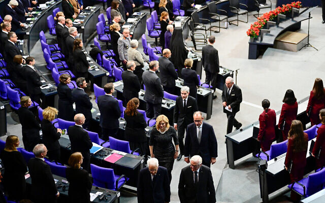 German President Frank-Walter Steinmeier (front right) walks with Italian President Sergio Mattarella, in front of German Chancellor Friedrich Merz, Julia Kloeckner, president of the Bundestag (lower house of parliament), and Stephan Harbarth (L), president of Germany's Federal Constitutional Court in the Reichstag building in Berlin on November 16, 2025. (Tobias SCHWARZ / AFP) German President Frank-Walter Steinmeier (front right) walks with Italian President Sergio Mattarella, in front of German Chancellor Friedrich Merz, Julia Kloeckner, president of the Bundestag (lower house of parliament), and Stephan Harbarth (L), president of Germany's Federal Constitutional Court in the Reichstag building in Berlin on November 16, 2025. (Tobias SCHWARZ / AFP)