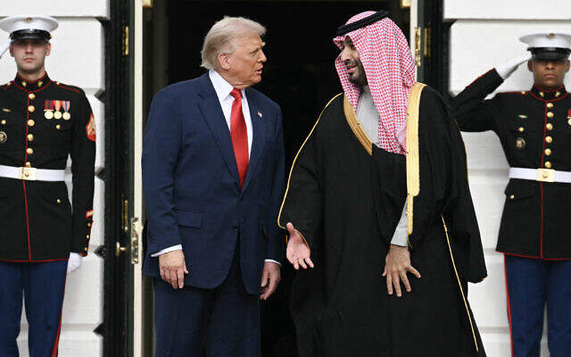 US President Donald Trump greets Crown Prince of Saudi Arabia Mohammed bin Salman on the South Lawn at the White House in Washington, DC on November 18, 2025. (SAUL LOEB / AFP)