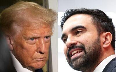 (COMBO) This combination of pictures created on November 19, 2025, shows US President Donald Trump aboard Air Force One on October 24, 2025 (L) and New York City Mayor-elect Zohran Mamdani in New York City, on November 12, 2025. (ANDREW CABALLERO-REYNOLDS and CHARLY TRIBALLEAU / AFP)