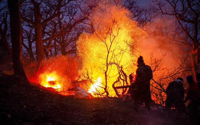 Flames engulf trees in the forests of Chalus, Iran, amid days-long fires in the country's Hyrcanian forests, November 21, 2025. (MEHRAB FARSAD / ISNA / AFP)