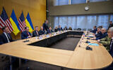 Top US officials including Jared Kushner (L),  envoy Steve Witkoff, and Seceretary of State Marco Rubio face the Ukrainian delegation during discussions on a US plan to end the war in Ukraine at the US Mission in Geneva, on November 23, 2025. (Fabrice COFFRINI / AFP)