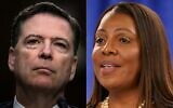 (COMBO) This combination of pictures created on November 24, 2025 shows, former FBI director James Comey, left, on Capitol Hill in Washington, June 8, 2017, and New York Attorney General Letitia James in New York on February 16, 2024. (Brendan Smialowski and Timothy A. Clary / AFP)