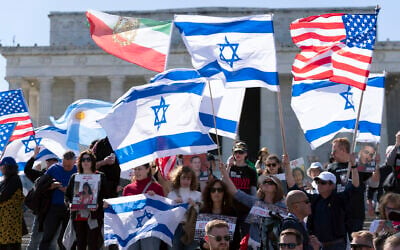 People rally at the Lincoln Memorial in support of Israel in Washington, DC, Sunday, April 7, 2024. (AP Photo/Jose Luis Magana)