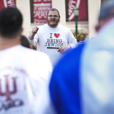 Rabbi Levi Cunin, with Chabad on Campus, speaks during a pro-Israel rally at Indiana University in Bloomington, Ind., May 2, 2024. (AP Photo/AJ Mast)