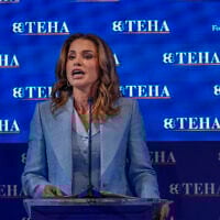 Queen Rania of Jordan speaks at the Ambrosetti Forum in Cernobbio, northern Italy, Sept. 7, 2024. (AP/Luca Bruno)