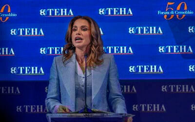 Queen Rania of Jordan speaks at the Ambrosetti Forum in Cernobbio, northern Italy, Sept. 7, 2024. (AP/Luca Bruno)