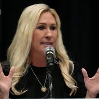 Rep. Marjorie Taylor Greene, R-Georgia, speaks during a town-hall style meeting, April 15, 2025, in Acworth, Georgia. (AP/Mike Stewart)