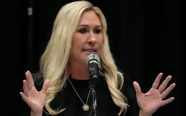 Rep. Marjorie Taylor Greene, R-Georgia, speaks during a town-hall style meeting, April 15, 2025, in Acworth, Georgia. (AP/Mike Stewart)