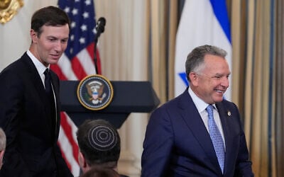 US Special Envoy to the Middle East Steve Witkoff, right, and White House adviser Jared Kushner arrive before US President Donald Trump holds a news conference with Prime Minister Benjamin Netanyahu in the State Dining Room of the White House, September 29, 2025. (AP Photo/Alex Brandon)