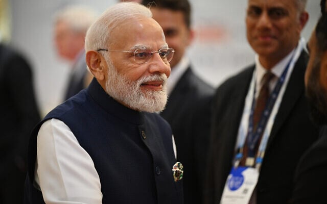 Indian Prime Minister Narendra Modi at Jio World Convention Centre in Mumbai, India, October 9, 2025. (Leon Neal/Pool Photo via AP) Indian Prime Minister Narendra Modi at Jio World Convention Centre in Mumbai, India, October 9, 2025. (Leon Neal/Pool Photo via AP)