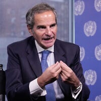 International Atomic Energy Agency Director General Rafael Grossi is interviewed at United Nations headquarters, October 29, 2025. (AP Photo/Richard Drew)