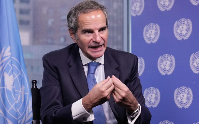 International Atomic Energy Agency Director General Rafael Grossi is interviewed at United Nations headquarters, October 29, 2025. (AP Photo/Richard Drew)