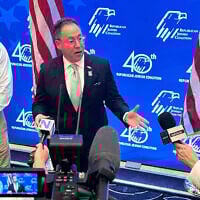 Republican Jewish Coalition CEO Matt Brooks answers questions about confronting antisemitism within the Republican Party, during the coalition's annual conference at the Venetian Resort in Las Vegas, November 1, 2025. (AP/Thomas Beaumont)