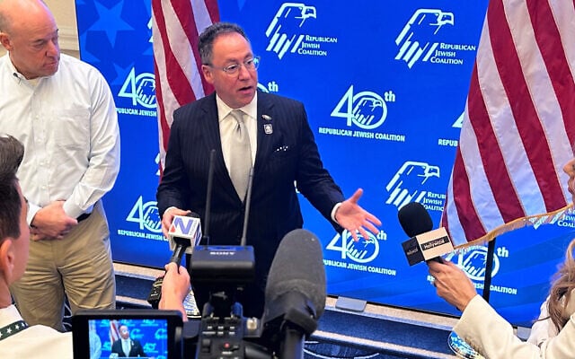 Republican Jewish Coalition CEO Matt Brooks answers questions about confronting antisemitism within the Republican Party, during the coalition's annual conference at the Venetian Resort in Las Vegas, November 1, 2025. (AP/Thomas Beaumont)