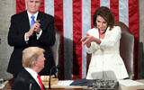 US President Donald Trump turns to House speaker Nancy Pelosi of Calif., as he delivers his State of the Union address to a joint session of Congress on Capitol Hill in Washington, as US Vice President Mike Pence watches, February 5, 2019. (AP Photo/Andrew Harnik File)