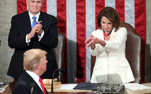 US President Donald Trump turns to House speaker Nancy Pelosi of Calif., as he delivers his State of the Union address to a joint session of Congress on Capitol Hill in Washington, as US Vice President Mike Pence watches, February 5, 2019. (AP Photo/Andrew Harnik File) US President Donald Trump turns to House speaker Nancy Pelosi of Calif., as he delivers his State of the Union address to a joint session of Congress on Capitol Hill in Washington, as US Vice President Mike Pence watches, February 5, 2019. (AP Photo/Andrew Harnik File)