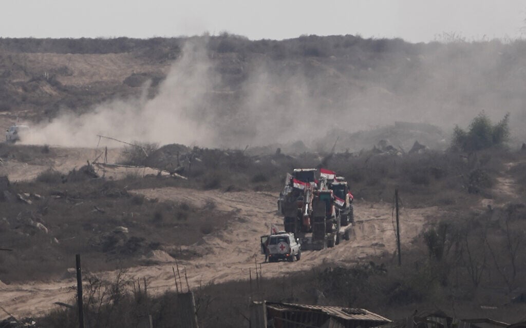 Members of the International Committee of the Red Cross (ICRC) and Egyptian workers head to east of Gaza City to search for the bodies of hostages, Nov. 12, 2025. (AP Photo/Jehand Alshrafi) Members of the International Committee of the Red Cross (ICRC) and Egyptian workers head to east of Gaza City to search for the bodies of hostages, Nov. 12, 2025. (AP Photo/Jehand Alshrafi)