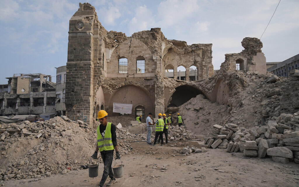 Workers from the Centre for Cultural Heritage Preservation are carrying out restoration work and searching for missing artifacts at the historic Pasha Palace in Gaza City after an Israeli airstrike badly damaged the building during the war in the Gaza Strip, November 13, 2025. (AP Photo/Jehad Alshrafi) Workers from the Centre for Cultural Heritage Preservation are carrying out restoration work and searching for missing artifacts at the historic Pasha Palace in Gaza City after an Israeli airstrike badly damaged the building during the war in the Gaza Strip, November 13, 2025. (AP Photo/Jehad Alshrafi)