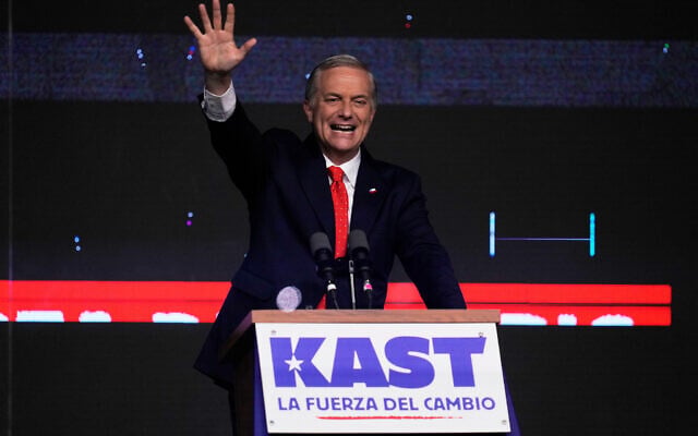 Presidential candidate Jose Antonio Kast of the Republican Party, waves to supporters after early results in the general elections in Santiago, Chile, November 16, 2025. (AP Photo/ Esteban Felix) Presidential candidate Jose Antonio Kast of the Republican Party, waves to supporters after early results in the general elections in Santiago, Chile, November 16, 2025. (AP Photo/ Esteban Felix)