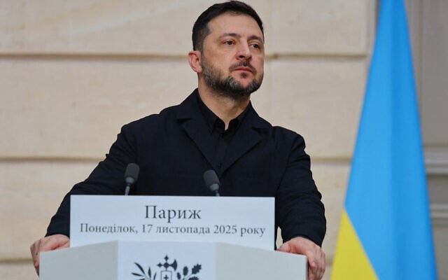 Ukrainian President Volodymyr Zelensky attends a joint press conference with French President Emmanuel Macron at the Elysee Palace in Paris, November 17, 2025. (Sarah Meyssonnier, Pool Photo via AP) Ukrainian President Volodymyr Zelensky attends a joint press conference with French President Emmanuel Macron at the Elysee Palace in Paris, November 17, 2025. (Sarah Meyssonnier, Pool Photo via AP)