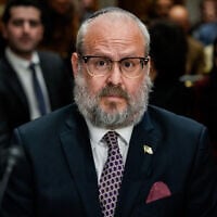Rabbi Yehuda Kaploun arrives to a US Senate Foreign Relations Committee confirmation hearing on his nomination to be the special envoy to monitor and combat antisemitism, November 19, 2025, on Capitol Hill in Washington. (AP Photo/Julia Demaree Nikhinson)