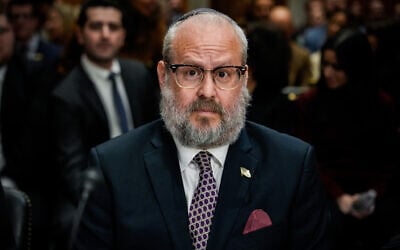 Rabbi Yehuda Kaploun arrives to a US Senate Foreign Relations Committee confirmation hearing on his nomination to be the special envoy to monitor and combat antisemitism, November 19, 2025, on Capitol Hill in Washington. (AP Photo/Julia Demaree Nikhinson)