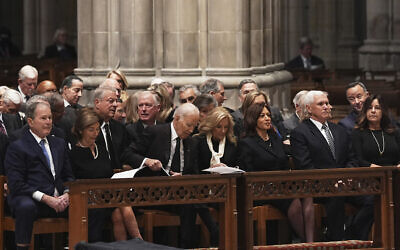 Former US presidents front row from left, George W. Bush with Laura Bush, Joe Biden with Jill Biden and former US vice presidents Kamala Harris and Mike Pence with Karen Pence, right, during the funeral for former US vice president Dick Cheney at the Washington National Cathedral on November 20, 2025 in Washington. (AP Photo/Matt Rourke)