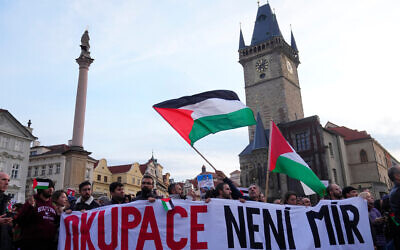 Pro-Palestinian, anti-Israel protesters attend a rally in Prague, Czech Republic, on October 18, 2023. (AP Photo/Petr David Josek)