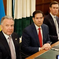 (L-R) US Special Envoy Steve Witkoff, Secretary of State Marco Rubio, and White House adviser Jared Kushner, US President Donald Trump's son-in-law, attend a meeting with Ukrainian officials in Hallandale Beach, Florida, November 30, 2025. (AP Photo/Terry Renna)