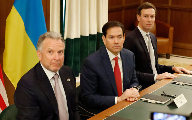 (L-R) US Special Envoy Steve Witkoff, Secretary of State Marco Rubio, and White House adviser Jared Kushner, US President Donald Trump's son-in-law, attend a meeting with Ukrainian officials in Hallandale Beach, Florida, November 30, 2025. (AP Photo/Terry Renna) (L-R) US Special Envoy Steve Witkoff, Secretary of State Marco Rubio, and White House adviser Jared Kushner, US President Donald Trump's son-in-law, attend a meeting with Ukrainian officials in Hallandale Beach, Florida, November 30, 2025. (AP Photo/Terry Renna)