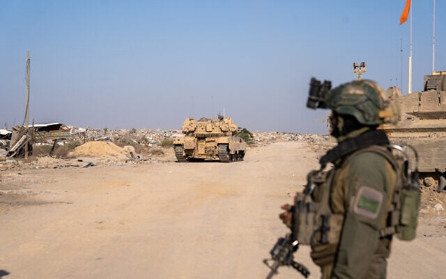 IDF troops are seen in southern Gaza's Rafah, November 23, 2025. (Emanuel Fabian/Times of Israel)