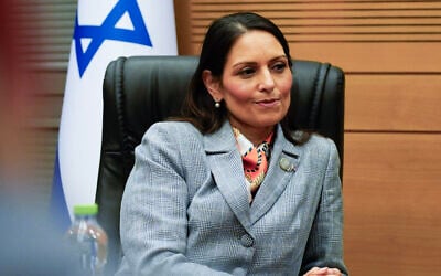 British Shadow Foreign Secretary Priti Patel speaks to The Times of Israel in the Knesset, November 25, 2025 (Office of The Rt Hon Priti Patel MP)