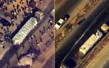 Screenshots of video released by US Central Command shows suspected Hamas operatives looting a truck transporting humanitarian aid in the southern Gaza Strip on October 31, 2025. (X screenshots)