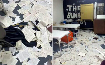 Screengrabs of a video posted to social media showing prayer books strewn across the floor after a vandalism incident at the Mishkan Shalom Synagogue in Kadima-Zoran, shared November 22, 2025. (X, used in accordance with Clause 27a of the Copyright Law)