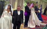 Leaked footage from mid-2024 shows Fatemeh Shamkhani in a Western-style, low-cut strapless wedding dress, left, being led down the aisle by her father Ali Shamkhani, a close adviser to Iran's Supreme Leader Ayatollah Ali Khamenei. (Screen capture: Iran International, used in accordance with Clause 27a of the Copyright Law)