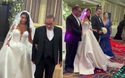 Leaked footage from mid-2024 shows Fatemeh Shamkhani in a Western-style, low-cut strapless wedding dress, left, being led down the aisle by her father Ali Shamkhani, a close adviser to Iran's Supreme Leader Ayatollah Ali Khamenei. (Screen capture: Iran International, used in accordance with Clause 27a of the Copyright Law)