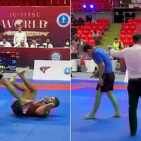 Kazakh jiujitsu fighter Aldiyar Serik, left, illegally kicks his Israeli rival Omri Haviv during the finals of the Adult Men's Under 29kg No Gi category at the Jiujitsu World Championships in Bangkok, Thailand, November 7, 2025. (Screen capture: X, used in accordance with Clause 27a of the Copyright Law)